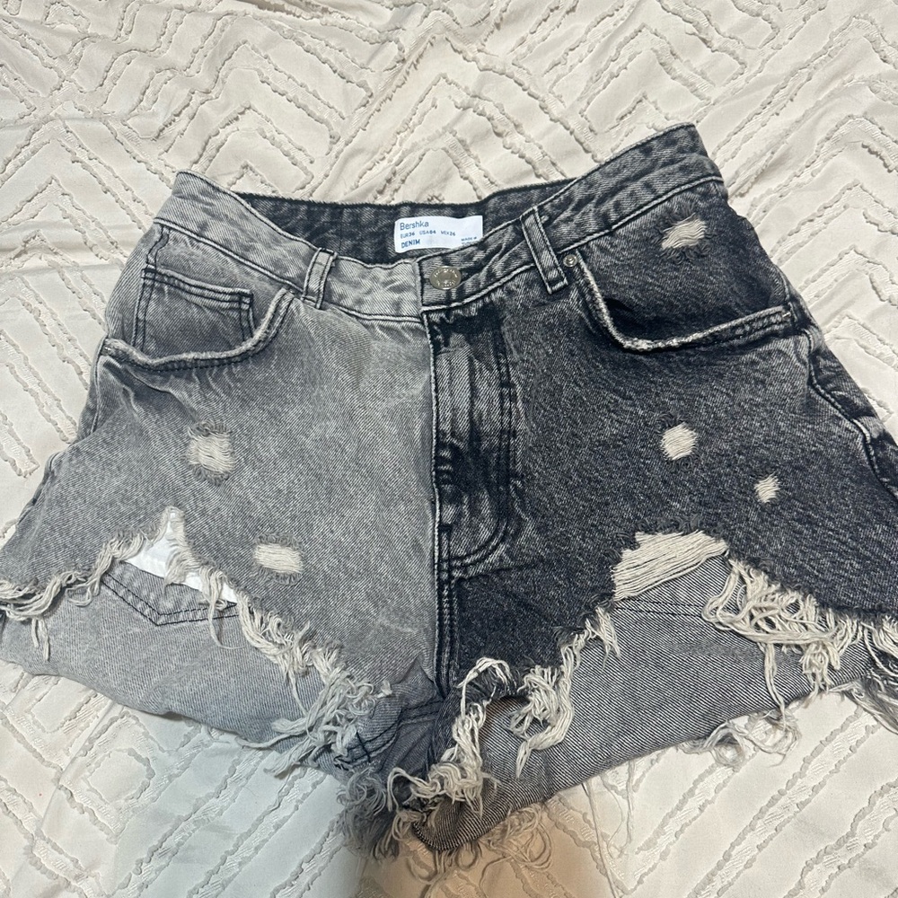 Bershka Distressed two tone Black and Gray Denim Shorts